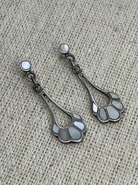 Vtg 925 Sterling Silver & MOP Inlay Art Deco Style Fan Stud Dangle Earrings